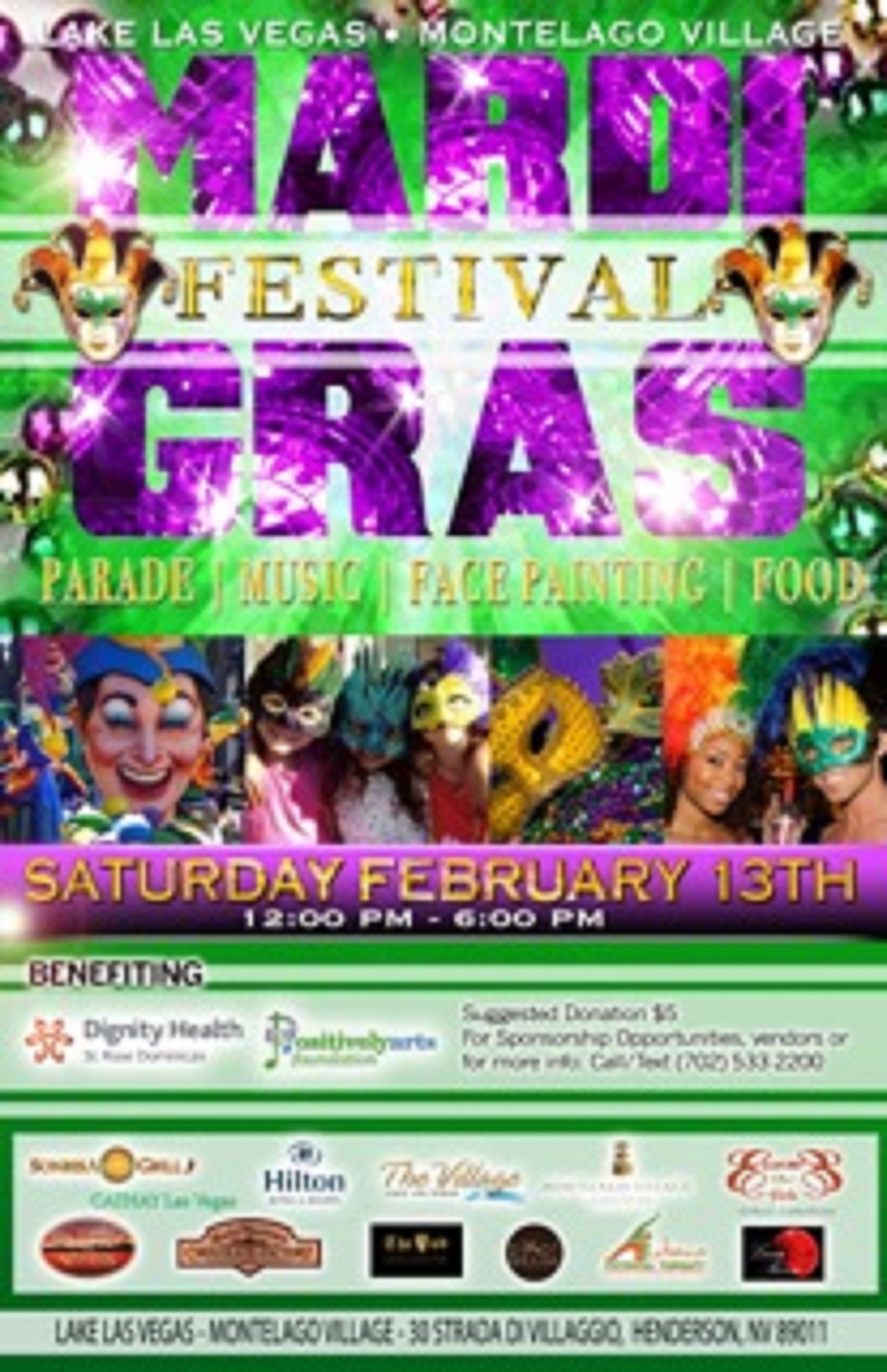 The Lake Las Vegas Master Planned Community and MonteLago Village Association are holding a Mardi Gras Festival and invite the public to enjoy the party on Saturday, Feb. 13 from noon to 6 p.m.
