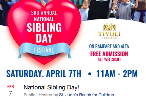 On Saturday, April 7, 2018, in partnership with FOX5's Take 5 To Care, St. Jude's Ranch for Children will hold its third annual National Siblings Day Festival at Tivoli Village on Rampart and Alta to raise awareness of brothers and sisters separated in foster care.